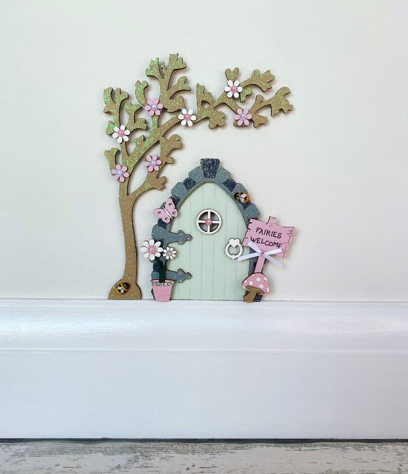 Sage Green Fairy Door With Blossom Tree