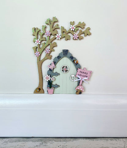 Sage Green Fairy Door With Blossom Tree