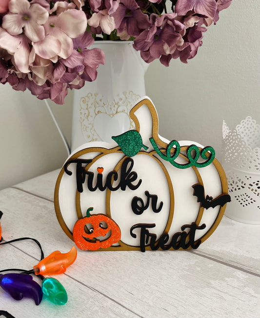 Trick Or Treat White Wooden Halloween Pumpkin, Wooden home décor - Sweet Pea Wooden Creations